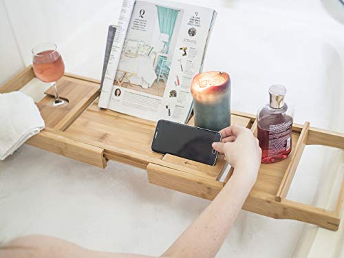 Moderntropic Home And Spa Bamboo Bathtub Caddy And Tray Expandable Non-Slip Wooden Bath Tray Securely Holds Drinks, Book/Tablet, Accessories, Phone #TOP1