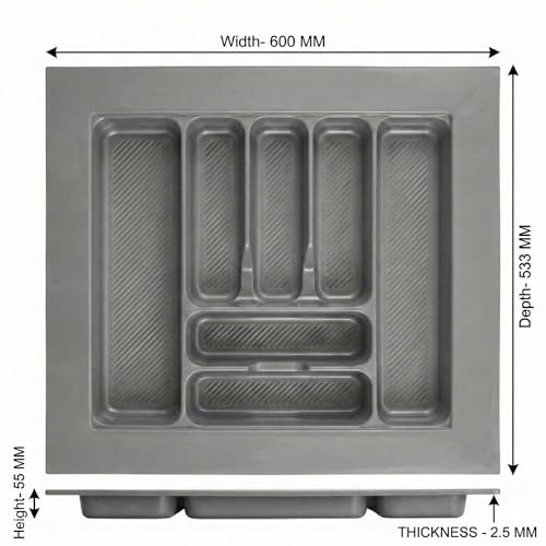 Image of SmartSlide 600 MM Cutlery Tray For Kitchen Drawer Modular Kitchen Tandem Drawer Organizer Spoon Organizer 24 inch Cutlery Tray Adjustable Width & Depth Grey Non-Slip Surface (600 x 535 MM)