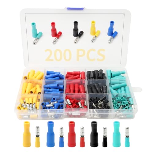 200 Stück Kabelschuhe Set, Flachstecker und Flachsteckhülsen Quetschverbinder Sortiment, Crimpverbinder, Steckverbinder Rundstecker Stoßverbinder, ringkabelschuhe