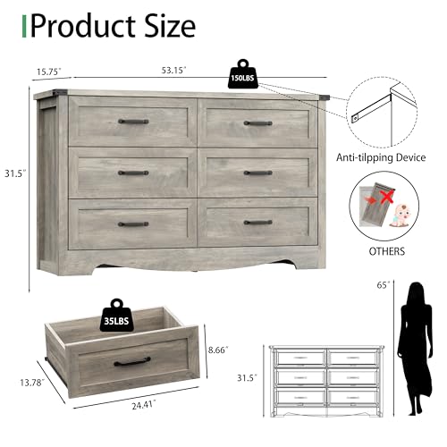 Image of Dresser for Bedroom with 6 Drawers, 54 inch Wide Wood Chest of Drawers with Deep Drawers & Mental Handle, Modern Dresser TV Stand, Wooden Closet Storage Organizer for Living Room, Hallway, Entryway, Grey