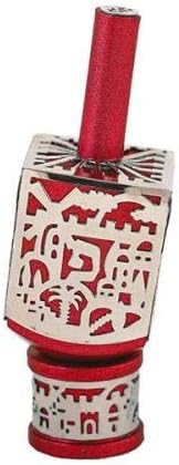 Yair Emanuel Decorative Dreidel on Base Red Anodized Aluminum with Silver Colored Metal Cutout Jerusalem Design Hanukkah Dreidel Spinning Top, Size Medium