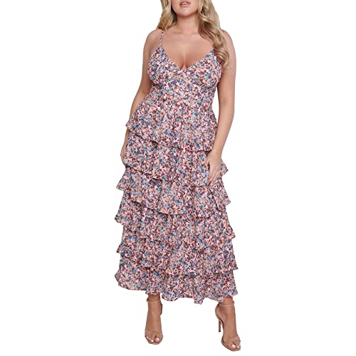 Image of Women V-Neck Floral Print Long Dress Ruffle Tiered Layered Flowy Swing Long Midi Dress Sleeveless Boho Cami Beach Party Dress (Purple, S)