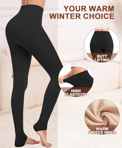 Image of QooNoo Fleece Lined Tights Women 300g Heavy Pantyhose Opaque Black Sheer Thermal Winter Warm Leggings Under Dress(TK Stirrup Black,X-Small)