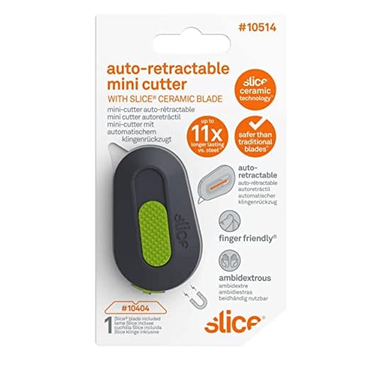 Slice 10514 Mini Box Cutter, Package and Box Opener, Safe Ceramic Blade Retracts Automatically, Stays Sharp Up to 11x Longer, Right or Left Handed, Keychain, Magnetic, Pack of 1