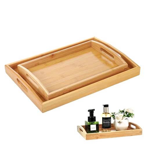 Bandeja Madera Rectangular 2PC, Bandeja Bambu Natural con Asas, Bandejas para Servir Comida para Té Café, Bandejas de Madera para Decorativas Exhibición y Comida (40 x 28cm & 33 x 22cm)