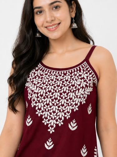 Image of Women's Chikankari Rayon Top Sleeveless Strappy Kurti | Embroidered A-Line Tunic for Women | Summer Ethnic Casual Wear Top with Spaghetti Straps