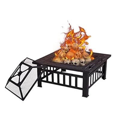 Grand Patio 32 inch Outdoor Fire Pit,Bonfire Wood Burning Fire Pit for Outside,Square Backyard Patio Firepit Table with Spark Screen Cover Safe Mesh Lid and Poker for Warmth,BBQ or Cooler