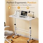 Small Standing Desk Adjustable Height, Mobile Stand Up Desk with Wheels, 32 Inch Portable Rolling Desks Conference Room Tables for Walking Pad Treadmill Pure White - Image 2