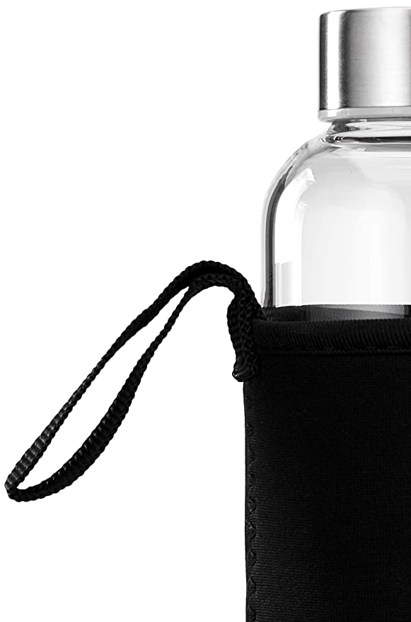 Image of ISKO Borosilicate Glass Water Bottle with Leak-Proof Airtight Stainless Steel Lid With and Protective Fabric Sleeve For water, Juices,Fridge bottles 1 Liter