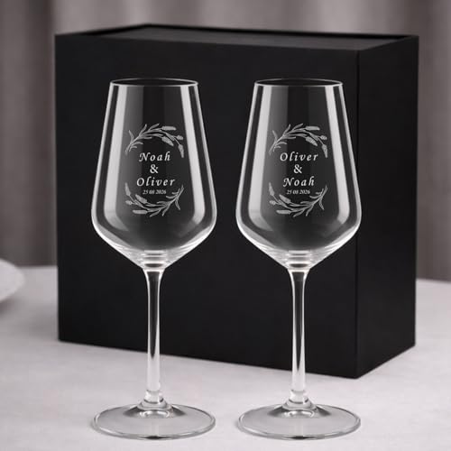 Wanapix | Pack 2 Verres à Vin Personnalisés | Boîte Cadeau Incluse | Verre à Vin en cristal gravés | Pack de Verres Vin en cristal Bohème personnalisables | Flowers