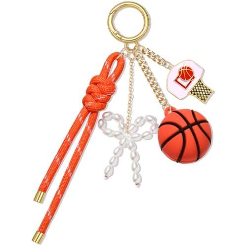 PHALIN Basketball Keychain Bag Charms for Women Nylon Rope Pearl Bow Basketball Purse Charm Basketball Cheer Mom Essentials Accessories Gifts