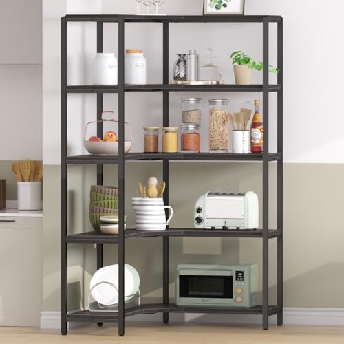 IBF Rustic Bookcases and Book Shelves, L Shaped 5-Tier Corner Bookshelf Book Rack Storage, Industrial Vertical Metal Wood Display Etagere 5 Shelf, Large Book Shelf Case for Bedroom Living Room, Brown