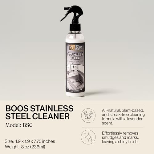 Image of John Boos Stainless Steel Cleaner with Fine Mist Spray, Lavender Scent, 8 oz - Streak-Free Cleaning Polish & Stain Remover for Stoves, Ovens, Sinks, & Kitchen Surfaces