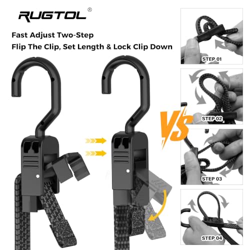 Image of Rugtol Adjustable Bungee Cords with Hooks, 96 inch Heavy Duty Outdoor Flat Bungee Straps with Quick Release Buckle, Rubber Black Elastic Cords with Metal Hooks for Truck, Tarp, Camping, Tents, Bike