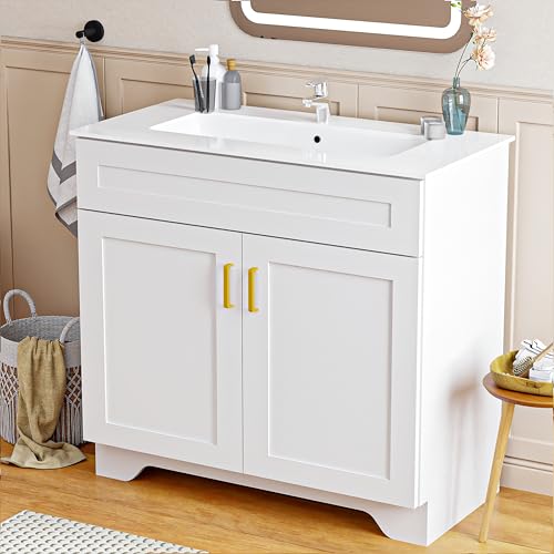 LDarqeer 36 Inch Bathroom Vanity with Ceramic Sink - Modern Farmhouse Style Sink Cabinet, Easy Tool-Free Installation, for Bathroom Remodel and Upgrade (White)