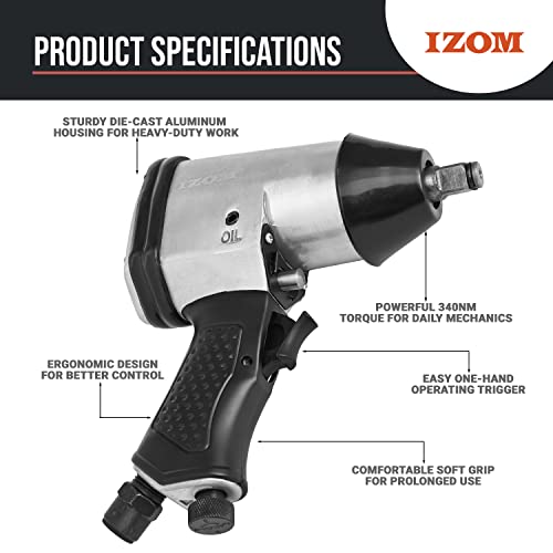 Image of IZOM IZ-5040B 1 /2 inch Impact Wrench, Torque 340 Nm Air Powered 7000Fixed Square RPM Rocking Dog 90 PSI with Front Exhaust for Tire Changing & Workshop Applications