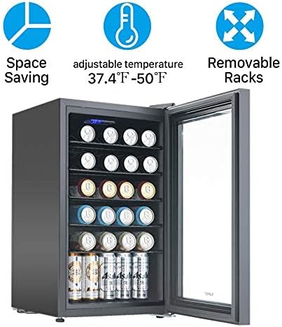 Mini Beverage Refrigerator - 80 Can Fridge Cooler Glass Door for Beer Soda or Wine, Glass Door Small Drink Dispenser Machine Clear Front Removable for Home, Office or Bar, 2.6Cu.Ft, black