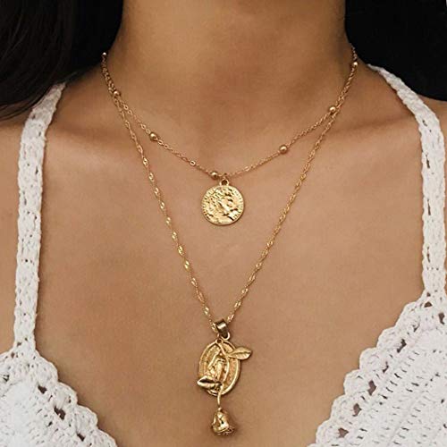 Favelo Retro Layered Rose Necklace Bead Chain Relief Coin Pendant Necklaces Jewelry for Women and Girls (Gold)