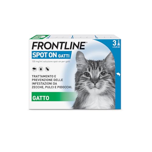 FRONTLINE Spot On, 3 Pipette, Gatto, Antiparassitario per Gatti e Gattini di Lunga Durata, Protegge da Zecche, Pulci e Pidocchi, Antipulci in Confezione da 3 Pipette da 0.5 ml
