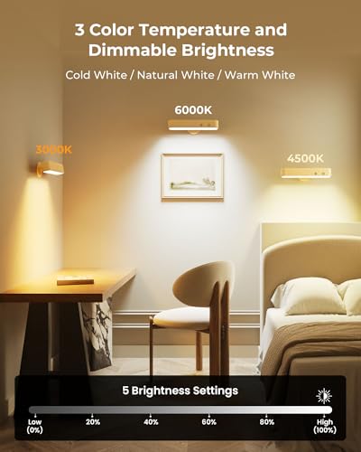 Image of PopoIron 7500 mAh Rechargeable Wood Wall Sconce for Bedroom, LED Wall Light with Remote Control and Touch, 360 Magnetic Rotation, 3 Colours, Dimmable Wooden LED Wall Lamp with 15 RGB Colors,1 Pack