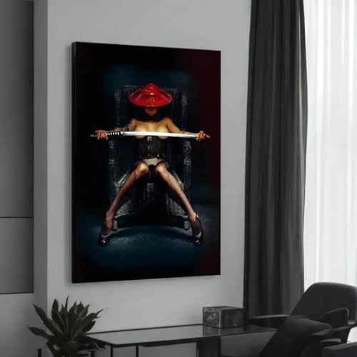 Toile femme samouraï avec katana et cadre déco murale salon chambre 80x120