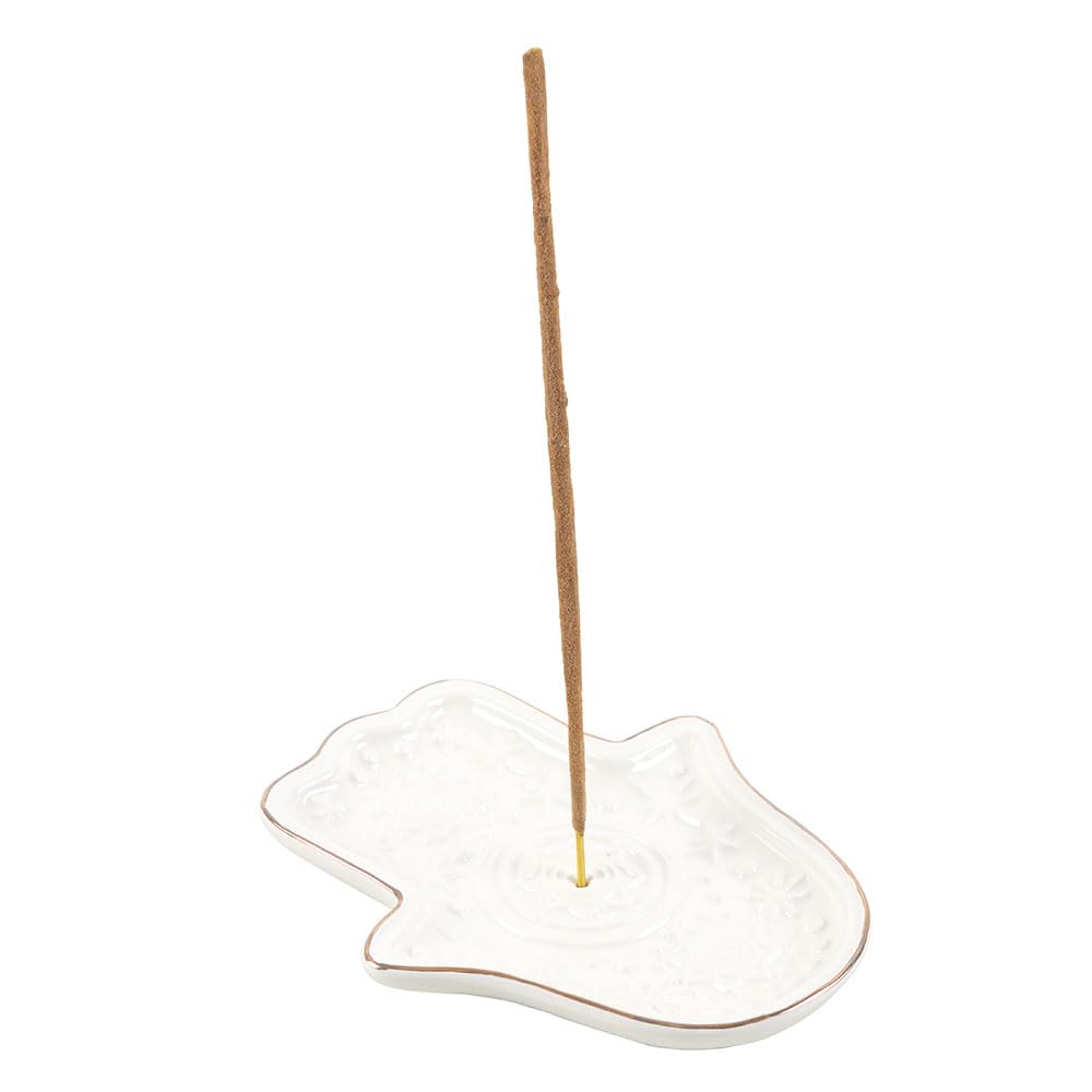 White Ceramic Hamsa Incense Holder | Spiritual Jewellery Dish | Hand of Fatima Decor | Protective Altar Accessory