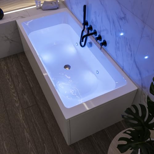 ECOLAM Badewanne TAMI 200x90 cm + LED Beleuchtung + Acrylschürze Duobadewanne Rechteckwanne für Zwei groß | Unterwasserbeleuchtung 8 Farben Licht Farblicht | Schürze Ablaufgarnitur Füße Silikon