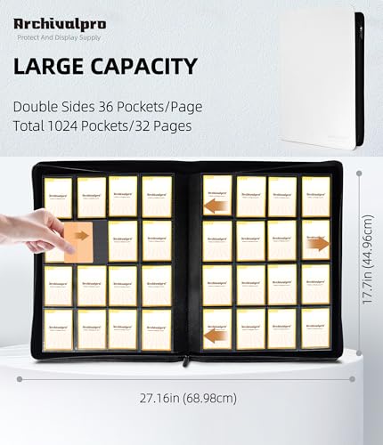 Image of Premium 16 Pocket Card Binder, Holds 1024 Cards for MTG TCG Sports Game Cards(White,16 Pocket) | Large-capacity side-loading binder with zipper. No-ring design holds 1024 cards in clear pockets.