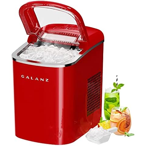 Galanz Portable Countertop Electric Ice Maker Machine, 26 lbs in 24 Hours, 9 Bullet Shaped Cubes Ready in 9 Minutes, 2 Ice Sizes, Perfect for Parties & Home Bar, 2.1 L, Retro Red Cover