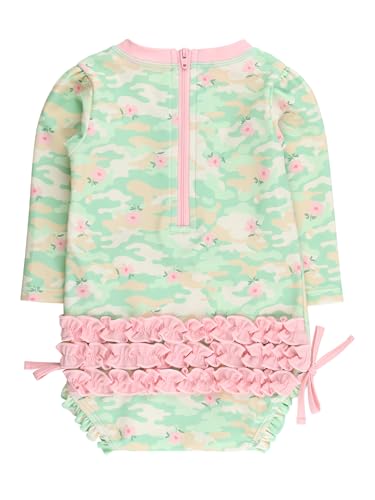 Image of RuffleButts Baby Girls UPF 50+ Sun Protection Floral Printed Long Sleeve One Piece Rash Guard Swimsuit with Zipper