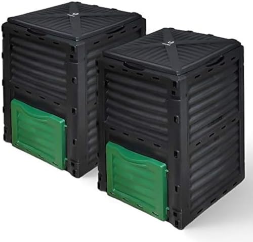 vounot Set of 2 Garden Composter 300L Premium Compost Bin for Garden Waste Compost Bin Made of Shock Resistant and UV Resistant Polypropylene Black Green