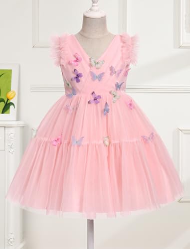 Image of IMEKIS Toddler Tea Party Dress: Flower Girl Baby Fairy 2nd 3rd Birthday Outfit Cake Smash Photoshoot Kids Princess Formal Easter Tulle Tutu Pageant Graduation Wedding Guest Pink Butterfly 2-3T