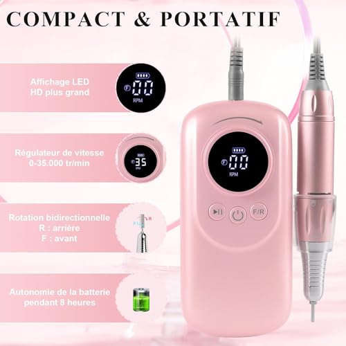 Electric Nail Drill, Clefairy Professional Electric Nail Files 35000RPM Portable Rechargeable Powerful Nail Machine Manicure Drill Set with 6 Sanding Bits for Salon & Home - Image 2