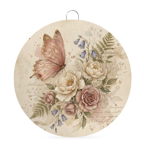 Butterfly Welcome Sign for Front Door 6 in Roses Lavender Ferns French Countryside Round Metal Sign Wall Hanging Sign for Indoor Outdoor Farm Home Porch Wall Decor Housewarming Gift