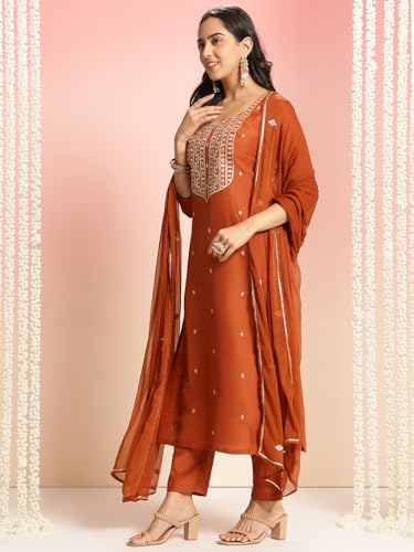 Image of GoSriKi Women's Cotton Blend Embroidered Kurta Set with Pant & Dupatta - Straight Calf‑Length, 3 /4 Sleeve, Round Neck - Elegant Ethnic Attire (5 Colors, S-5XL)
