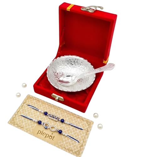 Image of Rakhi for Brother, Rakhi Gift Set for Brother, German Silver Bowl and Spoon with Designer Rakhi, Premium Raksha Bandhan Gift Hamper, Velvet Gift Box, Festive Gift