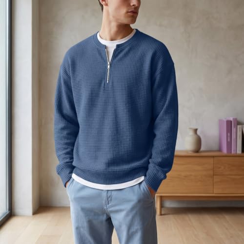 Waffle Quarter Zip Pullover Men Quarter Zip Faux Layered Waffle Knit Tops - image 2