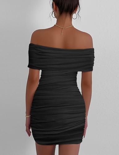 Image of Womens Off Shoulder Sleeveless Bodycon Dresses Ruched Solid Sexy Graduation Cocktail Party Mini Dresses