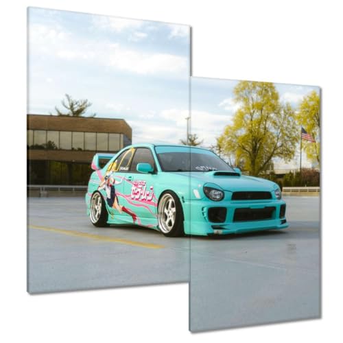 Tableau imprimé sur toile turquoise tuned car 60x60cm, décoration murale moderne pour chambre et bureau