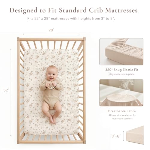 Image of Konssy Muslin Crib Sheets for Girl Boy, 2 PCS Soft and Breathable Cotton Baby Sheets for Standard Crib Mattress, 52 inchx 28 inch (Blossom, Cream)