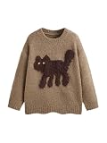 CIDER Women’s Cat Sweater Long Sleeve Crew Neck Fun Graphic Cute Patterned Pullover Sweater Tops: Brown, XL