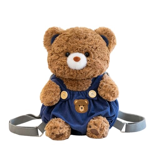 Image of Women Animal Teddy Bear Plush Backpack with Adjustable Straps (Overalls bear blue)