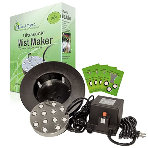 Commercial 12 Head Mist Maker Kit- (Twelve Disk Mist Maker, Transformer, Float, and 12 House of Hydro Brand Replacement Discs)