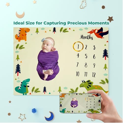 Image of Monthly Milestone Blanket Dinosaur Design | 1-12 Months | Ultra-Soft & Skin-Friendly | Ideal for Newborn Boys & Girls | Perfect Baby Growth Tracker & Photoshoot Prop