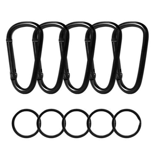 Ahysuet 5 Stück Karabinerhaken schwarz + 5 Stück Schlüsselanhänger Rund, Karabiner Schwarz Set Haken D-Clip für Campin Ausflüge Wandern Reisen Innen-Außengebrauch Usw
