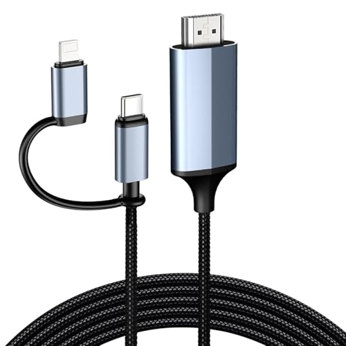 Puiseno 2-in-1 Light-ning & Typ C zu HDMI Kabel [2M],HDMI-Kabel für iPhone 16/15/14/13/12/11, iPad Pro/Air/Mini,1080P HD, YouTube-fähig (Kompatibel mit TV/Projektor)