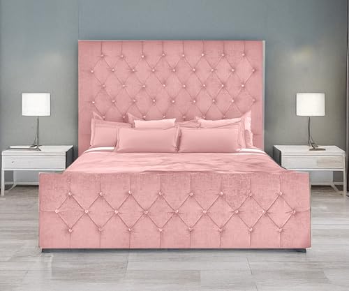 ELEGANT ALTON UPHOLSTERED DIAMANTE BED FRAME IN PLUSH FABRIC | BEAUTIFUL LOOK BED FRAME WITH MATCHING HEADBOARD FOOTBOARD | SINGLE/DOUBLE/KING/SUPER KING SIZE (PINK, 5FT KING SIZE)