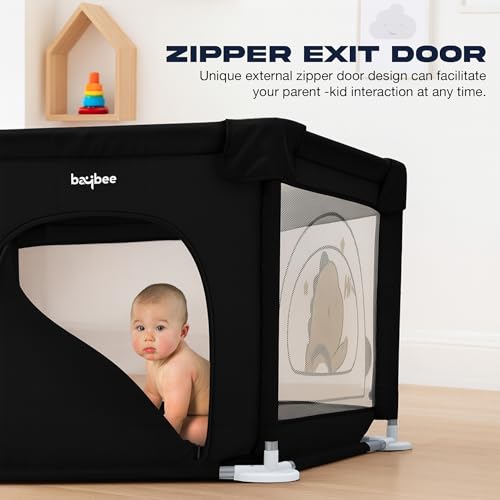 Image of Baybee Neo Kids Playpen for Babies | Baby Activity Playards with Zipper Lock & Corner Protection | Baby Play Area Indoor Setup with Hexagon shape for Extra Space | Outdoor Play Pen for Baby up to 5 Years (Black)