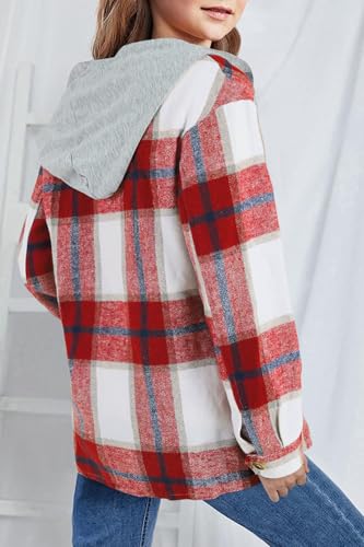 Image of Girls Cute Flannel Plaid Button Down Top with Pockets Long Sleeve Hooded Jacket