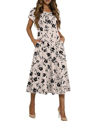 HOTOUCH Swing Dresses for Women 2026 A Line Midi Dress Floral Summer Dresses Boho Beach Dress Casual Short Sleeve Sundress, Beige Floral,L